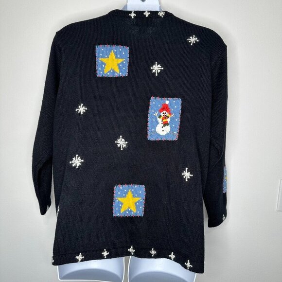 Vtg The Quacker Factory Snowman Cardigan Sweater 1X Black Patchwork Stars - Picture 2 of 7